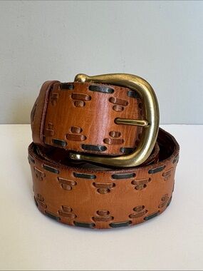 Linea Pelle Stitched Leather Belt in Cognac with Brass Buckle Sz M